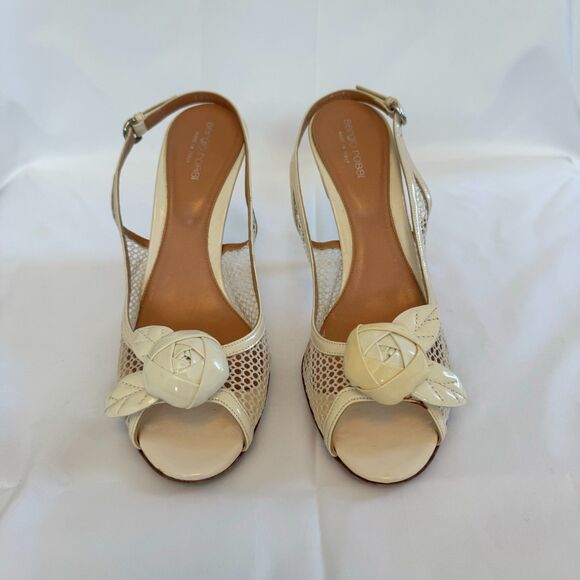 Sergio Rossi Shoes - Sergio Rossi Women's Off White Patent Leather Slingback Floral Sandal Size 9